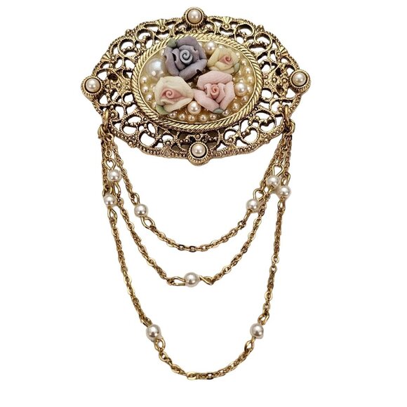 1928 Brand Porcelain Rose Victorian Style Chatelaine Chain Filigree Brooch, L409 - Picture 1 of 8